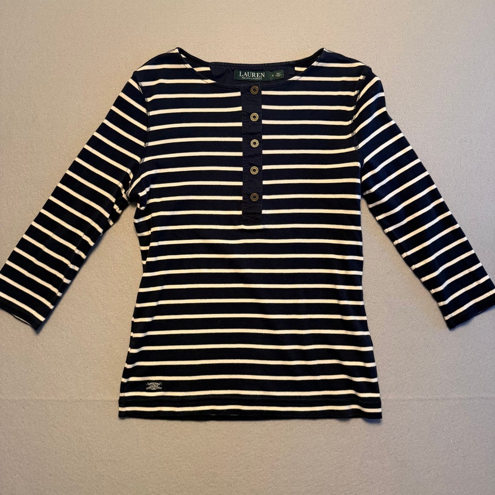 Lauren Ralph Lauren Striped Henley Top Navy Blue White Cotton Women Size S